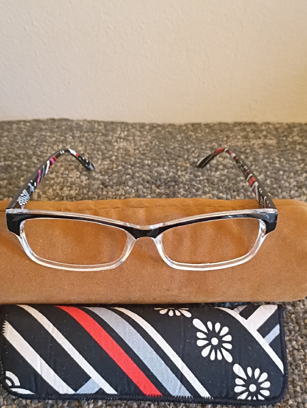 Vera Bradley Black and Clear Rectangular Glasses with Patterned Arms